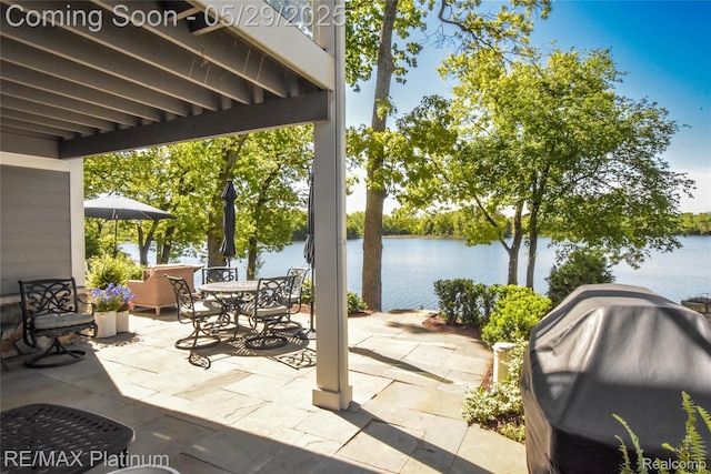 841 Hurley Dr, Howell, MI 48843 - view of patio / terrace featuring a water view, outdoor dining space, and grilling area