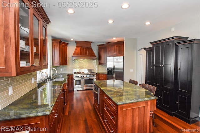 841 Hurley Dr, Howell, MI 48843 - kitchen with appliances with stainless steel finishes, premium range hood, a sink, dark wood-type flooring, and decorative backsplash