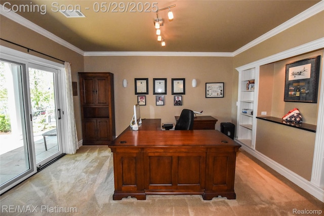 841 Hurley Dr, Howell, MI 48843 - office space featuring light colored carpet, crown molding, and baseboards