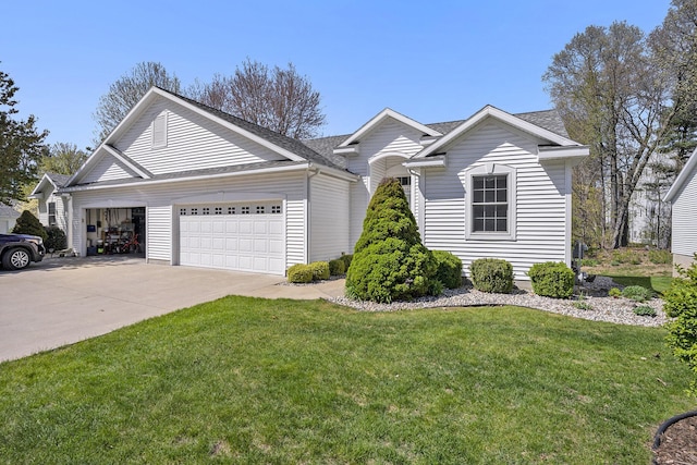 ranch-style house featuring concrete driveway, a garage, a shingled roof, and a front yard