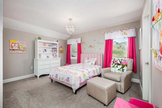 carpeted bedroom with baseboards, an inviting chandelier, and vaulted ceiling
