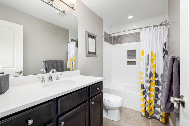 full bathroom with toilet, shower / tub combo, tile patterned flooring, and vanity