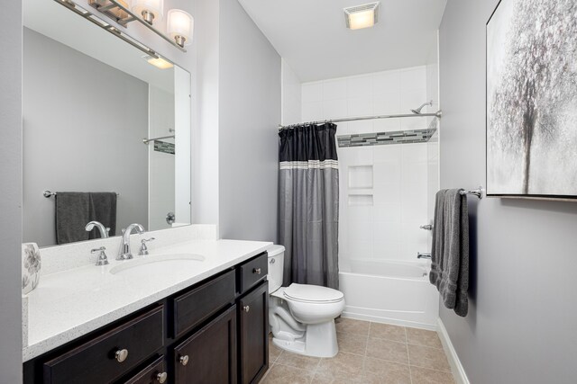 full bathroom with toilet, shower / tub combo with curtain, visible vents, tile patterned floors, and vanity