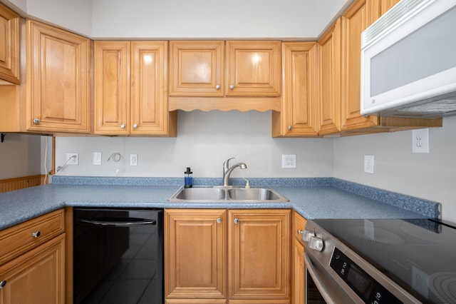 kitchen with black dishwasher, stainless steel electric range, a sink, and white microwave