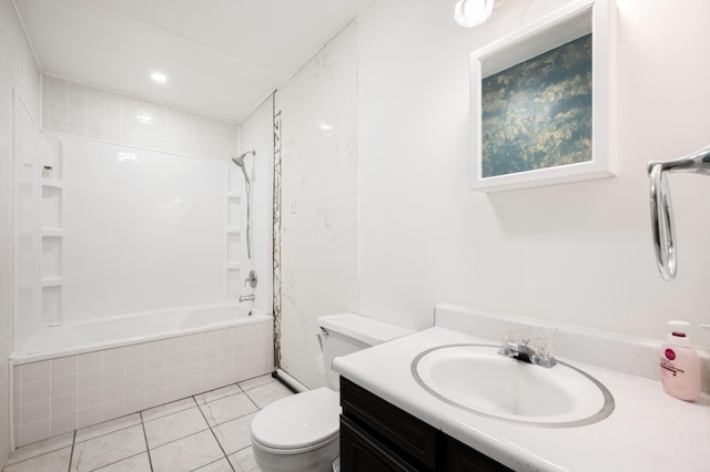 bathroom featuring toilet, shower / bathtub combination, tile patterned flooring, and vanity