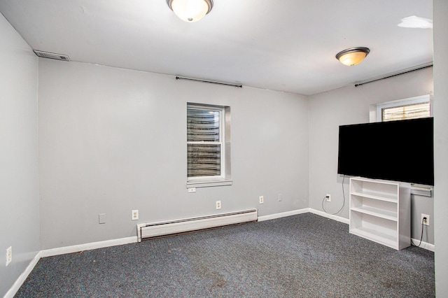 unfurnished living room with dark colored carpet, baseboards, and a baseboard heating unit