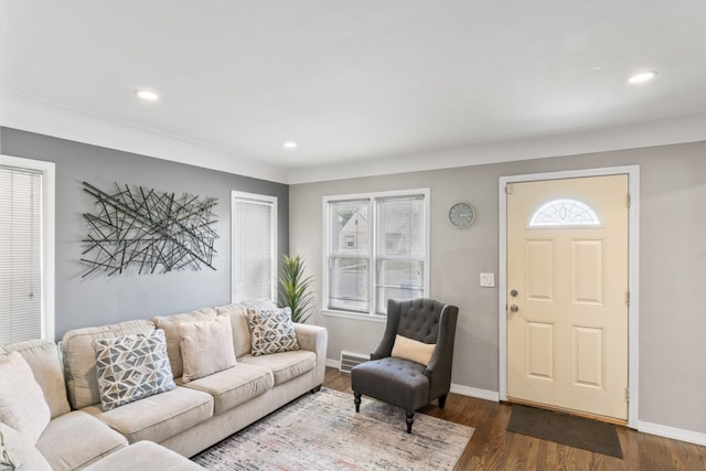 5125 Curtis St, Dearborn, MI 48126 - living area featuring healthy amount of natural light, baseboards, recessed lighting, and dark wood-style floors