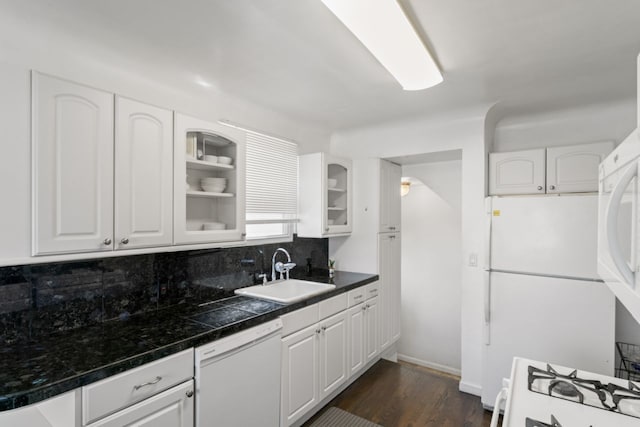 5125 Curtis St, Dearborn, MI 48126 - kitchen featuring white appliances, a sink, glass insert cabinets, and white cabinets