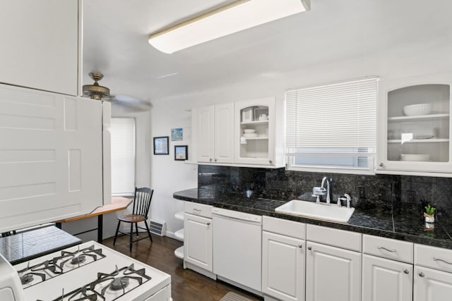5125 Curtis St, Dearborn, MI 48126 - kitchen featuring a sink, white appliances, tile countertops, glass insert cabinets, and backsplash