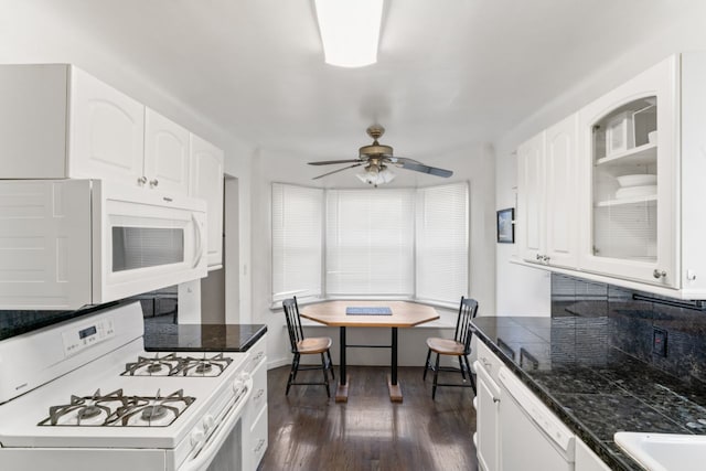 5125 Curtis St, Dearborn, MI 48126 - kitchen with white appliances, white cabinets, dark wood-type flooring, and glass insert cabinets