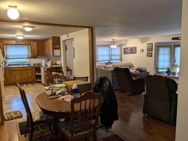 dining area featuring a textured ceiling, wood finished floors, a ceiling fan, and plenty of natural light