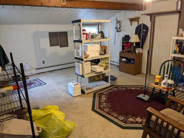 below grade area featuring a baseboard radiator, carpet flooring, and baseboard heating