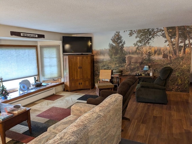 living area with a baseboard radiator, a textured ceiling, and wood finished floors