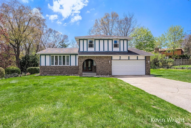 view of front facade featuring driveway, french doors, brick siding, fence, and a front lawn