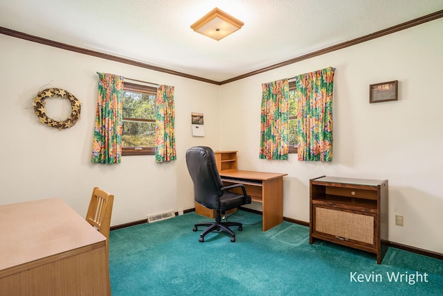 carpeted office space featuring ornamental molding, baseboards, and visible vents