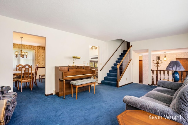 carpeted living area with stairway and a chandelier