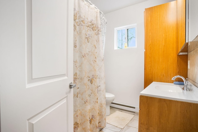 bathroom with toilet, a shower with shower curtain, vanity, and a baseboard heating unit