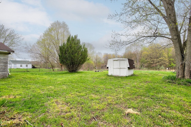 view of yard with a storage shed and an outdoor structure