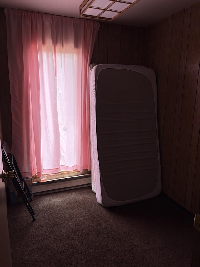 unfurnished bedroom with wood walls and carpet floors