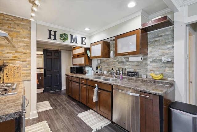 kitchen with stainless steel dishwasher, a sink, black microwave, dark wood-type flooring, and tasteful backsplash