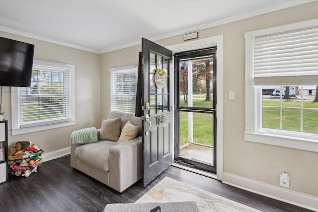 doorway featuring crown molding, baseboards, and dark wood finished floors