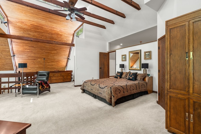 4943 Canyon Oaks Dr, Brighton, MI 48114 - carpeted bedroom with beamed ceiling, high vaulted ceiling, and baseboards