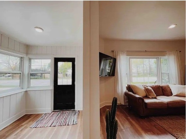 foyer with baseboards, a healthy amount of sunlight, and wood finished floors