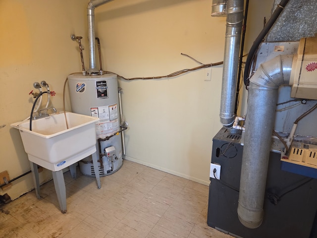 utility room featuring gas water heater and heating unit