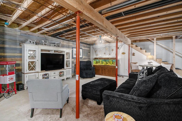 living room with stairs