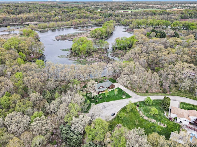 aerial view with a water view and a view of trees