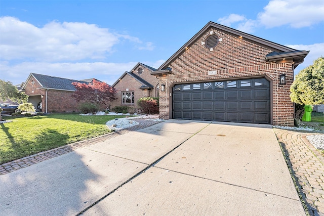 16511 Trailway Dr, Macomb, MI 48042 - view of front facade featuring brick siding, concrete driveway, a front lawn, and an attached garage