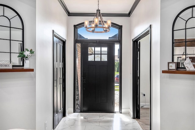 16511 Trailway Dr, Macomb, MI 48042 - entryway with a chandelier, marble finish flooring, ornamental molding, and baseboards