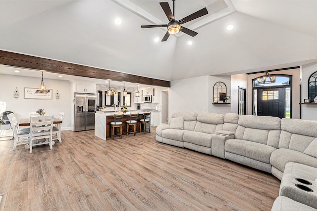 16511 Trailway Dr, Macomb, MI 48042 - living room featuring ceiling fan, high vaulted ceiling, recessed lighting, light wood-type flooring, and beam ceiling