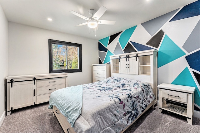 16511 Trailway Dr, Macomb, MI 48042 - carpeted bedroom with recessed lighting, a barn door, and a ceiling fan
