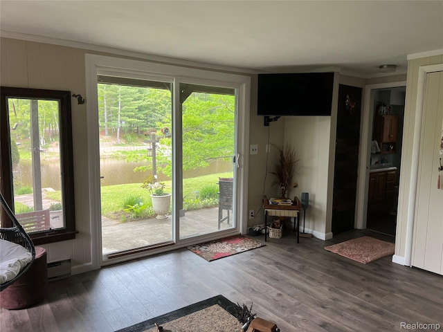4564 Wildwood Rd, Alger, MI 48610 - entryway with wood finished floors, ornamental molding, and a baseboard heating unit