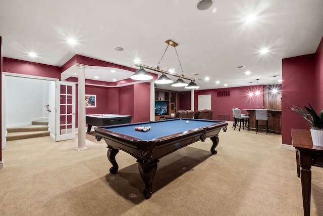 23755 Woodlynne Dr, Bingham Farms, MI 48025 - game room with carpet flooring, billiards table, recessed lighting, decorative columns, and a bar