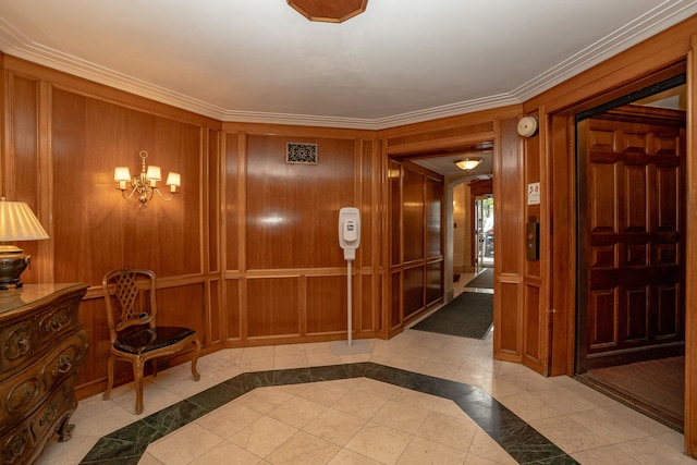 8162 E Jefferson Ave Unit 16A, Detroit, MI 48214 - hallway with ornamental molding, a chandelier, inlaid floor details, wooden walls, and tile patterned flooring