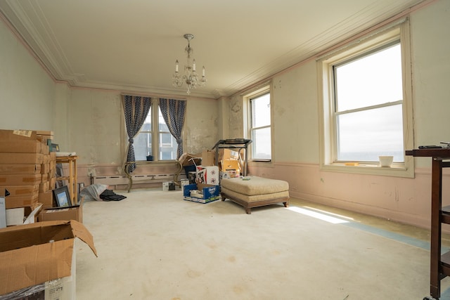 8162 E Jefferson Ave Unit 16A, Detroit, MI 48214 - living area featuring crown molding, a chandelier, a baseboard radiator, and concrete floors
