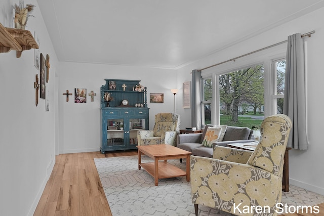living area with baseboards and light wood finished floors