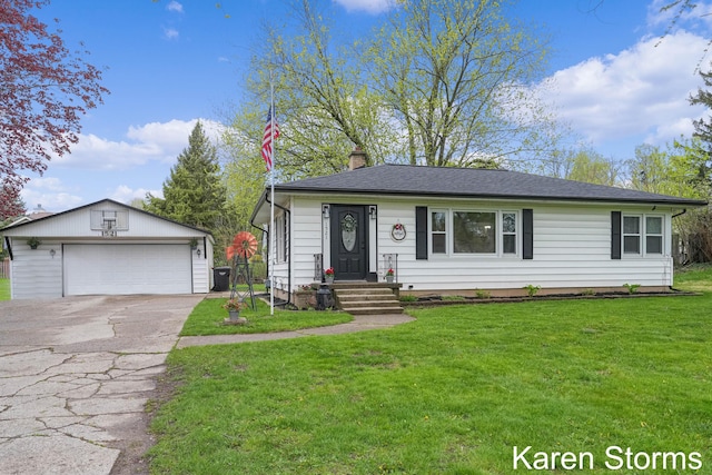 ranch-style house with a detached garage, a chimney, an outbuilding, and a front yard