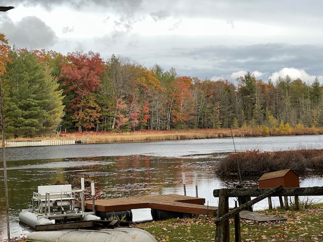 view of dock with a water view and a forest view