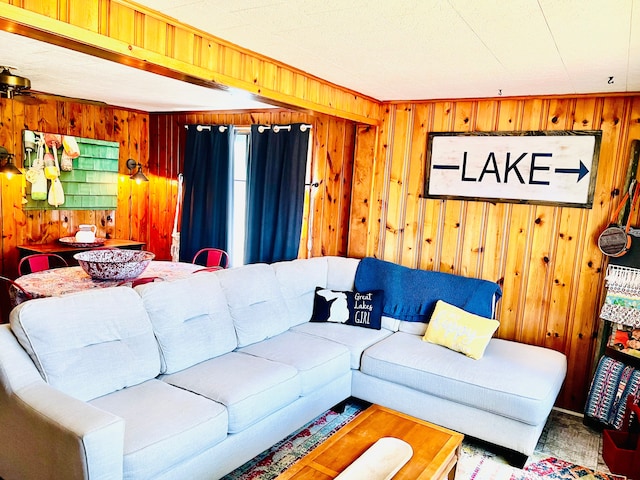 living area with wood walls