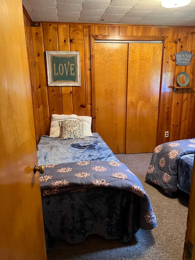 carpeted bedroom with wooden walls and a closet