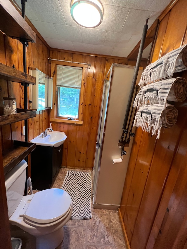 bathroom with vanity, toilet, wooden walls, and a shower stall