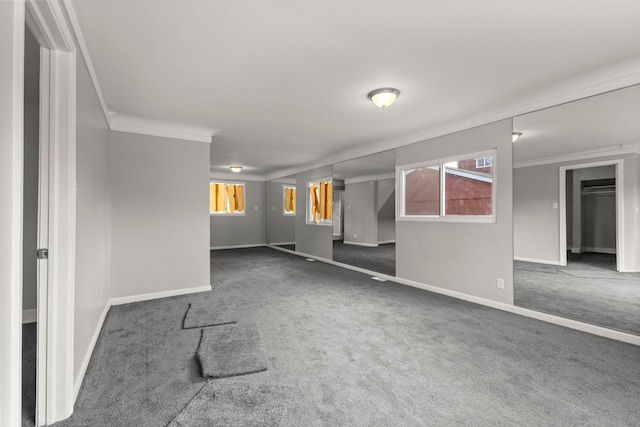 interior space with baseboards, ornamental molding, and carpet floors