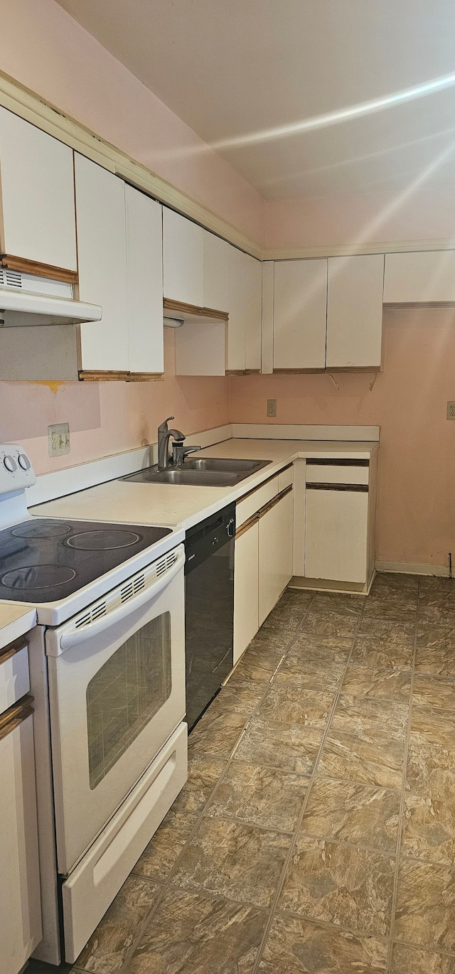 6660 Maple Lakes Dr, West Bloomfield, MI 48322 - kitchen with white range with electric stovetop, under cabinet range hood, a sink, dishwasher, and light countertops