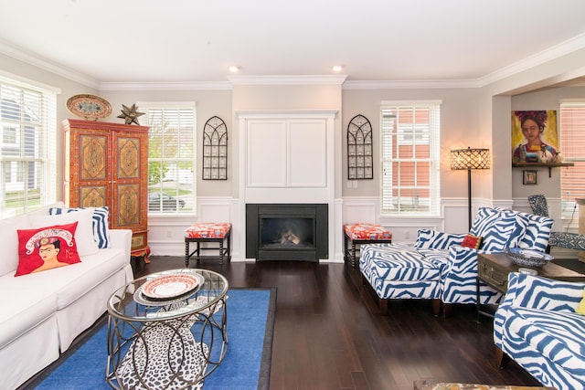 438 Filmore St, Canton, MI 48188 - living area featuring a fireplace, ornamental molding, hardwood / wood-style floors, and a healthy amount of sunlight