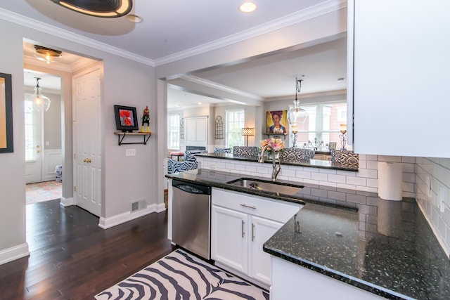 438 Filmore St, Canton, MI 48188 - kitchen with a sink, tasteful backsplash, dark wood finished floors, white cabinetry, and stainless steel dishwasher