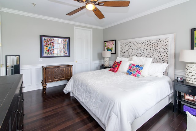 438 Filmore St, Canton, MI 48188 - bedroom featuring crown molding, a wainscoted wall, a ceiling fan, and wood finished floors
