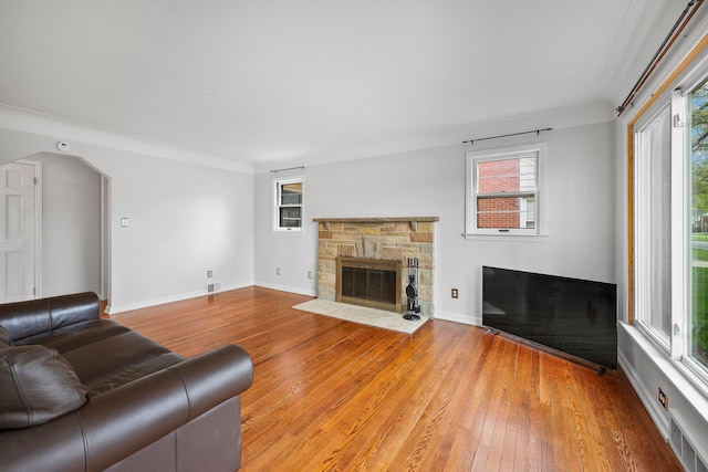 living room featuring a wealth of natural light, light wood-style floors, and a stone fireplace
